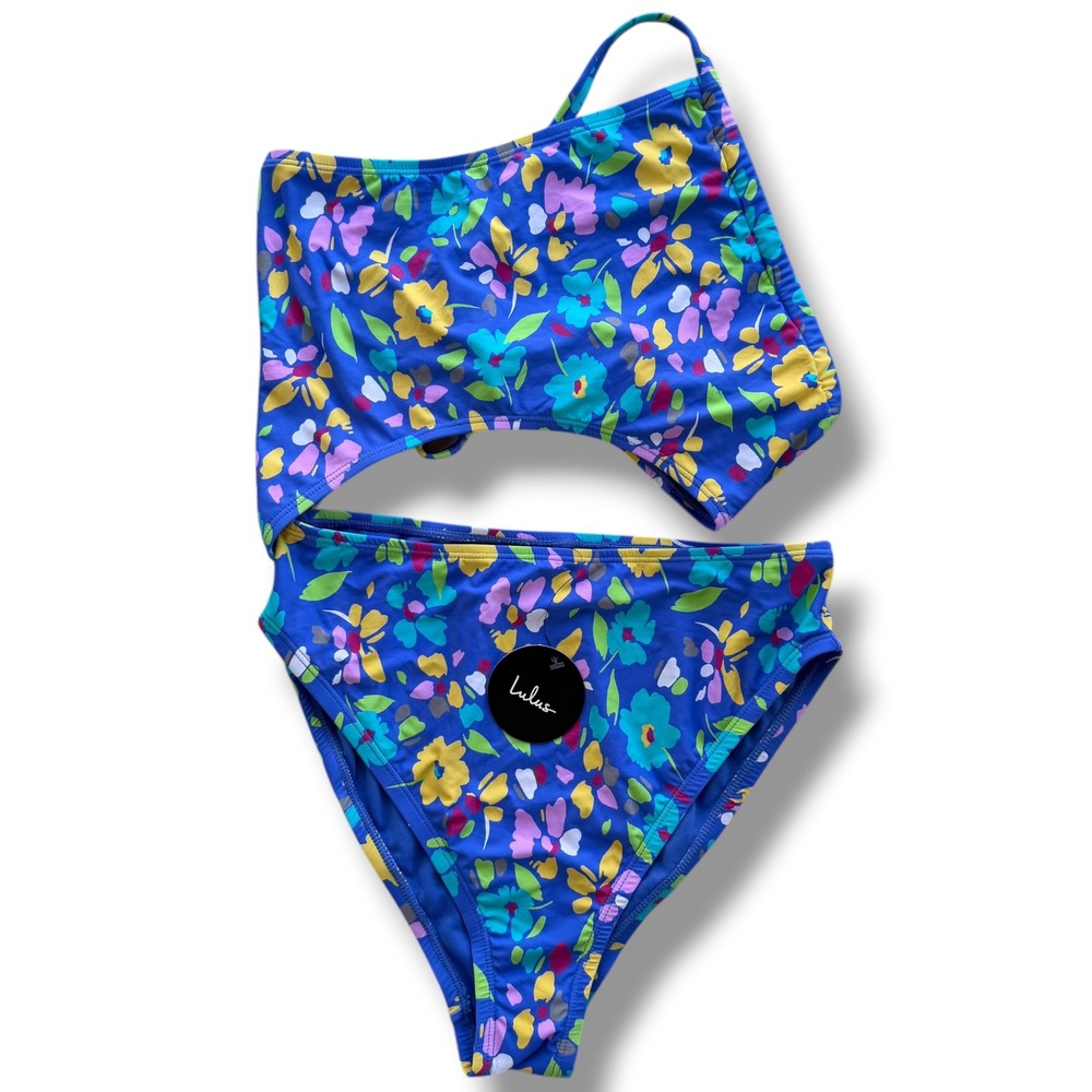 Lulus Women's Med Blue Multi Floral One Shoulder Cutout One Piece Swimsuit Beach